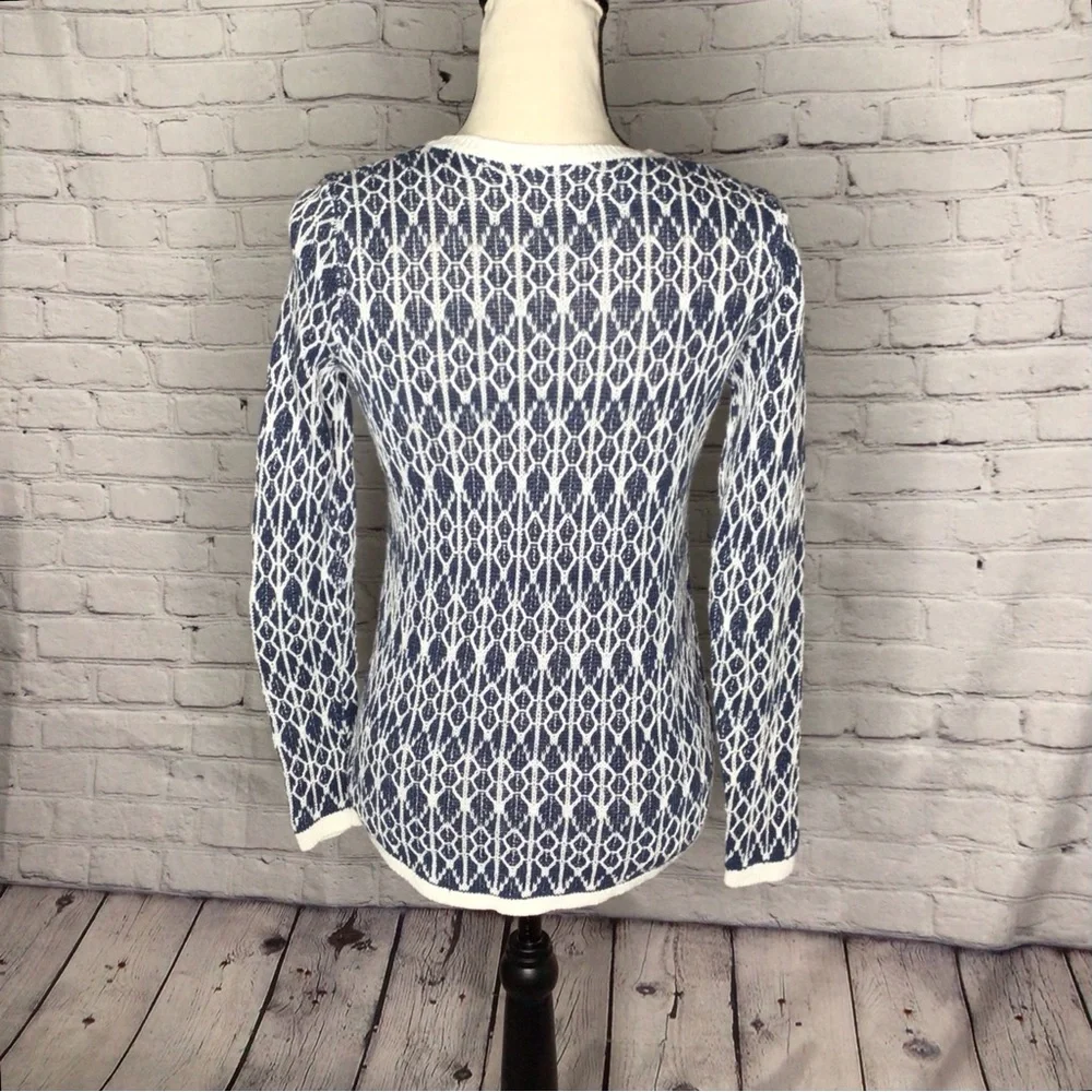 LOFT Blue and Ivory Linen Ikat Pullover Long Sleeve Sweater XSP